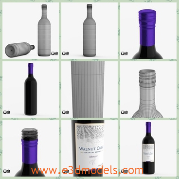 3d model of Merlot red wine bottles - This is a realistic, high-quality 3d model of a bottle of Wine Walnut Crest Merlot.The purple crew cap is openable.