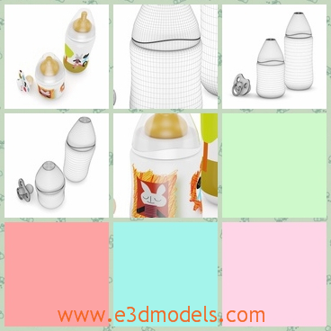 3d model of nursing bottle and pacifier - This 3d model is about a nursing bottle and a pacifier. This nursing bottle is made of transperant materials and it has a cute label with a cartoon character on it.