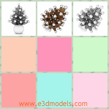 3d model of pinecone Christmas tree - This is a 3d model which is about a pinecone Christmas tree. This pinecone tree is brown and small and along it we can see many small sliver balls.