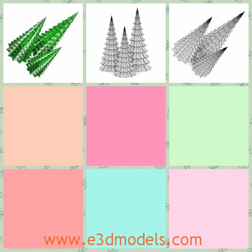 3d model of plastic Christmas trees - This 3d model is about three Christmas trees. These trees have shiny green surfaces and sharp tops and they are made of plastic.