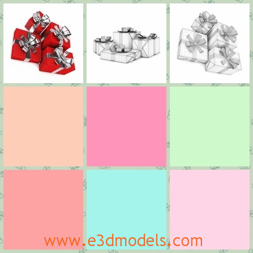 3d model of red Christmas presents - There is a 3d model which is about four Christmas presents. These presents are wrapped in red papers and they are tied by shiny sliver ribbons.