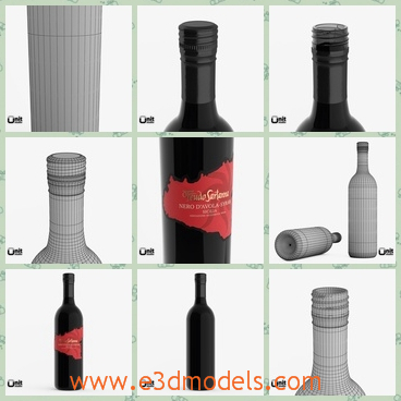 3d model of Syrah wine bottle - This 3d model is about a realistic, high quality model of a bottle of Syrah wine. This wine bottle has a glisten black appearance and a nice label in deep color with golden words.