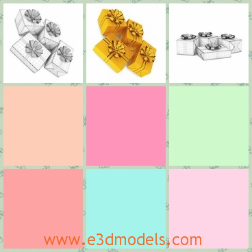 3d model of wrapped presents - Here is a 3d model which is about four wrapped presents. These presents are wrapped in yellow papers and are tied with golden ribbons.