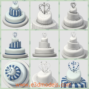 3d model the cake in the wedding - This is a 3d model of the cake in the wedding,which is white and pretty.The top of the cake is ornamented with the heart shape decoration.