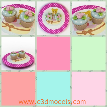 3d model the cakes on the plate - This is a 3d model of the cakes on the plate,which are small and lovely.The plate is lovely too.The bear is obvious from this perspective.