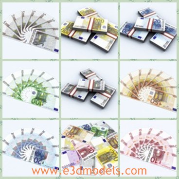 3d model the cash of euro - This is a 3d model of the Euro bills and packs.The model contains 5,10,20,50,100,200 and 500 Euros bulls with detailed textures.