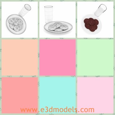 3d model the chocolate cookies - This is a 3dmodel of the chocolate cookies,which is presented along with milk.The food is placed on plate and the milk is stored in glass.