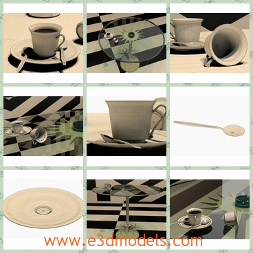 3d model the coffee cup - This is a 3d model of the coffee cup,which is placed on the table. There are 2 spoons with diferent designs.Scene is render ready.All models have real-world scale.
