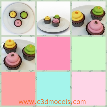 3d model the colorful cakes - This is a 3d model of the colorful cakes,which showd in a group of three and each of them is dotted with a kind of color on the top.