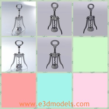 3d model the corkscrew - This is a 3d model of the corkscrew,which is metal and hard.The model is separated in 3 different meshes so that it can be rigged and animated.