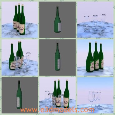 3d model the crystal glasses - This is a 3d model of the crystal glasses,which are made up of 3 separate meshes: the bottle, the cork, and the label with provided placeholder label Each bottle and each wine glass are a different style.