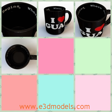 3d model the cup in black - This is a 3d model of the cup in black,which is the coffee cup and the model has the words on it.