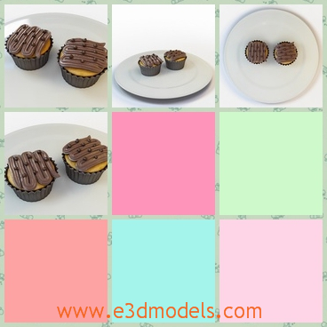3d model the cupcakes with chocolate - This is a 3d model of the cupcakes with chosolate,which is placed in the plate.The baked cakes is sweet and delicious,