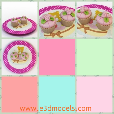 3d model the cute cakes - This is a 3d model of the cute cakes,which are lying on the cups.It is presented as the dessert after dinner and the dessert looks yummy.