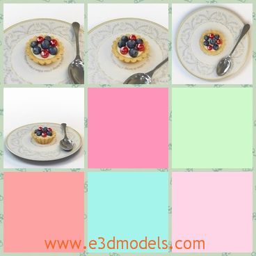 3d model the dessert - This is a 3d model of the dessert,which is lying on a plate with a spoon.The model is the blueberry,which is delicious and yummy.