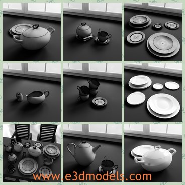3d model the dishes - This is a 3d model of the dishes,which are clean and clear.THe model is well chosed and can be used as the decorations in the kitchen.The plates, dishes and the kettles are small and cute.