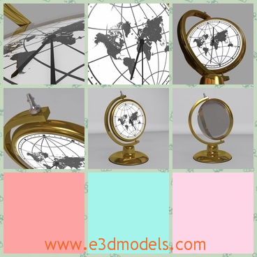 3d model the earth table clock with golden frame - This is a 3d model of an earth table clock,which has a golden frame.The model is an antique one,which has a map of the world on it.