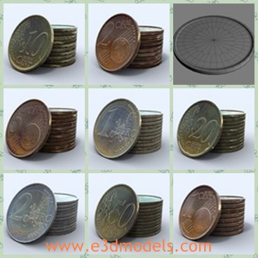 3d model the euro coins - This is a 3d model of the Euro coins with textures,which is popular in several countries in the Europe.The model is possible to add smooth for better detail.