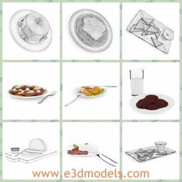 3d model the food on table - This is a 3d model of the food on table,which is clean and sweat.The food contains milk,soup,chicken,spaghetti and other snacks.