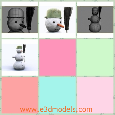 3d model the frosty snowman and a broom - This is a 3d model of the frosty snowman holding a broom,who is not smile.The model has two short arms.