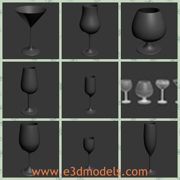 3d model the glass - This is a 3d model of the glasses for brandy,which is includes ten different glasses, two different ones for champagne and one for armagnac, cellar master, cocktail, cognac, porto, red wine, white wine and vodka.