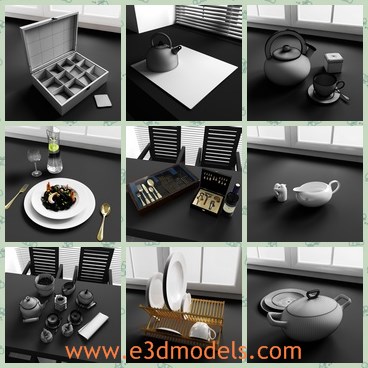 3d model the items in kitchen - This is a 3d model of the items in kitchen,which are clean and modern and charming in modern family.The spots and kettles are popular.