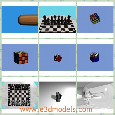 3d model the items in the home - This is a 3d model of the items in the home,which include the light,the cube,whte baseball,the bat,the chess and the bulb.