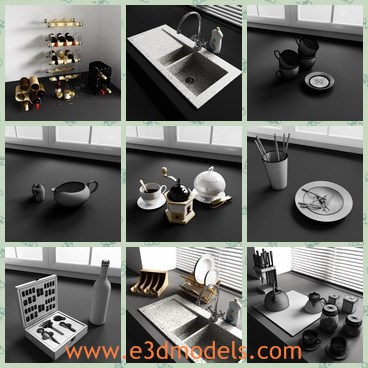 3d model the items in the kitchen - This is a 3model of the items in the kitchen,which are all orderly arranged and placed.The model is made with high quality and of special materials.