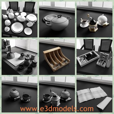 3d model the kitchen items - This is a 3d model of the kitchen items,which contains the dishes,the dinnerware,the wine,the glasses,the bottles,the snacks,the corkscrew and the newspaper.