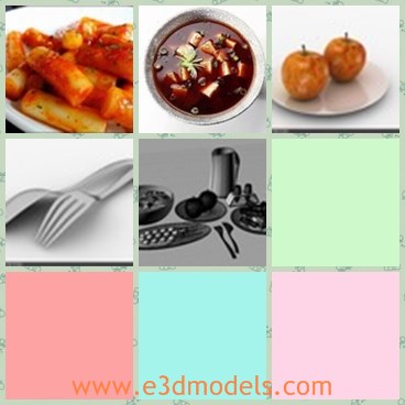 3d model the meal in the bowl - This is a 3d model of the  meal in the bowl,which contains fork, spoon, plate, bowl, pitcher jar high-end stylesalt, pepper, cinnamon stick, sauce, and their containerskorean soup