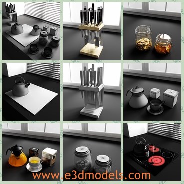 3d model the modern kitchen - This is a 3d model of the modern kitchen,which is clean and ordered.The model includes the stove,the ketttle,the teacup,the saucer,the glass cup and the knives.