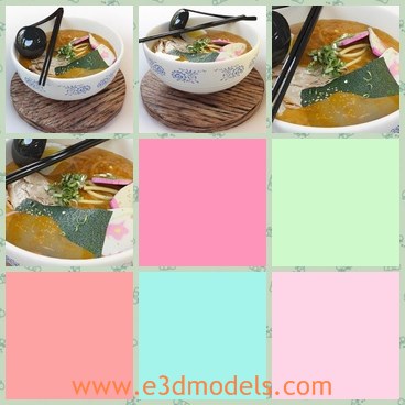 3d model the noodles - This is a 3dmodel of the Japanese noodles,which contains the vegetables and soup.The spoon is big and the bowl is round.