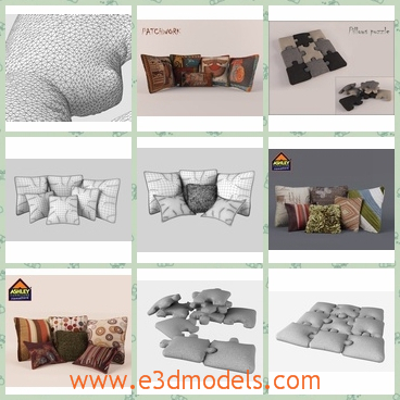 3d model the pillows in different shapes - This is a 3d model of the pillows in different shapes and in different colors.The pillows are placed together and the model are comfortable.
