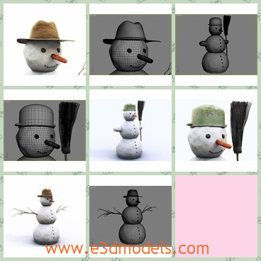 3d model the snowman - This is a 3d model of the snowman,who has a hat and two arms,which are actually made by men.The model has a carrot nose and stick arms.