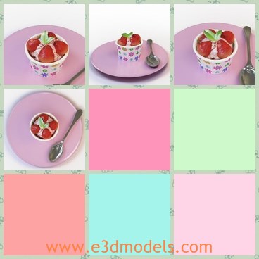 3d model the strawberry ice cream - This is a 3d model of the strawberry ice cream,which is presented with spoon and plate.The ice cream is sweat and yummy,which is also very popular among kids.