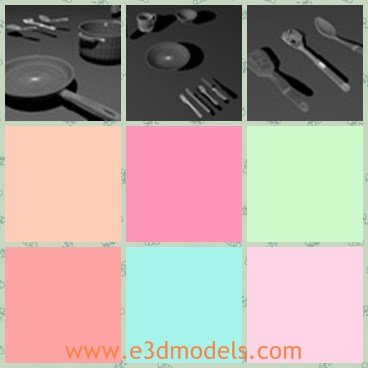3d model the stuffs in the kitchen - This is a 3d model of the stuffs in the kitchen,which includes spool,plate,pot,pan an dishes.The model is common and practical.