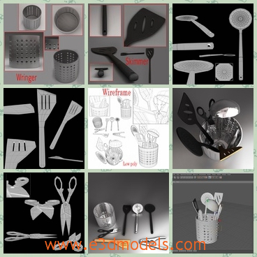 3d model the utensils - This is a 3d model of the utensils in teh house,which includes the scissor,the ladle,the cooking tools,the spoon,the drainer ,the slotted,the spatula and the nutcracker.