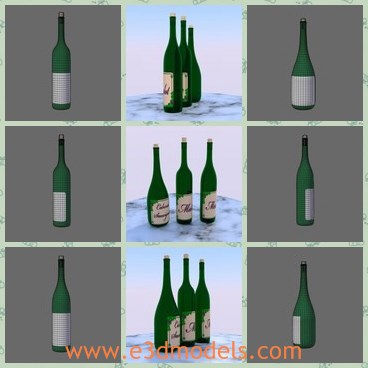 3d model the wine bottle - This is a 3d model of the wine bottle,which is grenn and presented with cork on it.This is a set of 3 different wine bottles, each with their own separate mesh .
