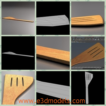 3d model the wooden cooking utensil - This is a 3d model of the wooden cooking utensil,which is called the slotted spatula.The model is placed in the kitchen.