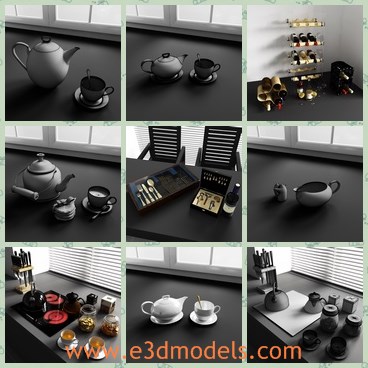 3d model various items in the kitchen - This is a 3d model of the various items in the kitchen,which are orderly arranged in the kitchen. What you can find in it are: wine glasses, newspapers, snacks, corkscrew, bottles of wine, jugs, tea boxes, cups, kettles, wine stands, cuttlery box, porcelain, sink, dish drainer, coffee bag, stand for knives, hob, dried fruits and many others.