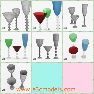 3d models of Baccarat Vega wine glasses - These 3d models are about a series of Baccarat Vega wine glasses. These glasses have pleasant colors and they are relatively tall.