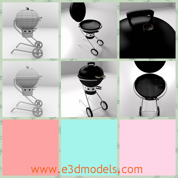 3d models of charcoal kettle grill - This 3d model is about a small hcarchoal kettle grill which is black and made of iron. You can see a small round thing and a filter in the round kettle.