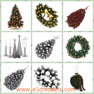 3d models of Christmas decorative items - These 3d models are about some Christmas decorative items which include Christmas trees, Christmas wreaths, table decorations and so on.