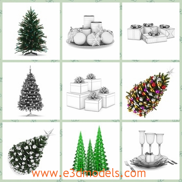 3d models of Christmas decorative items - These 3d models are about Christmas decorative items which include several Christmas trees, goblets and gifts. Models from this collection are great to give your interior visualization projects a special holiday mood.