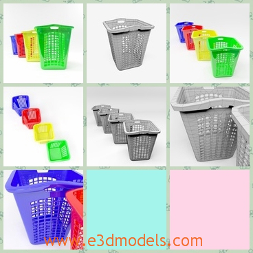 3d models of laundry baskets - These 3d models are about several laundry baskets which have different colors. They are made of plastic therefore they are light and are easy to carry.