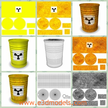 3d model the corroded barrel in yellow - This is a 3d model of the corroded barrel in yellow,which has a symbol on the body and the barrel is made of metal materials.
