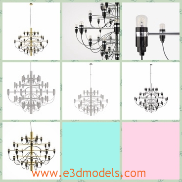 3d model of a chandelier - There is a 3d model which is about a fancy chandelier. This chandelier has a large, decorative black frame which holds light bulbs and hangs from the ceiling.