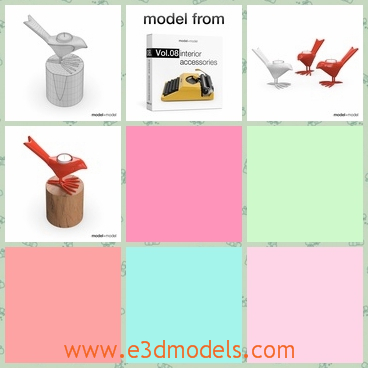 3d model the bird on a piece of wood - This is a 3d model of the bird on a piece of wood,which is red and modern.The bird can be used as the accessory in the room.