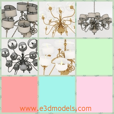 3d model the chandelier in the room - This is a 3d model of the chandelier in the room,which is surrounded by the round lampshades and there are many lights that fixed together.