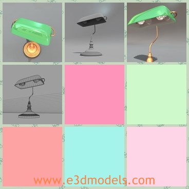 3d model the lamp with green cover - This is a 3d model of the lamp with green cover,which is the desk lamp with a thin stick.The lamp is made of brass and plasic materials.